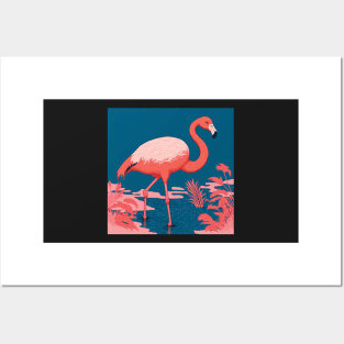 Flamingo in a Lake in bold Pink and Blue Posters and Art